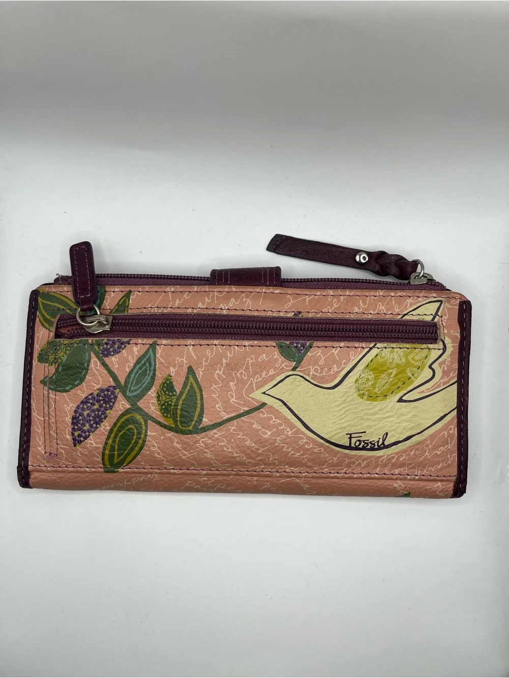 Fossil Pink Bird & Floral Leather Zip Wallet with Plum Trim